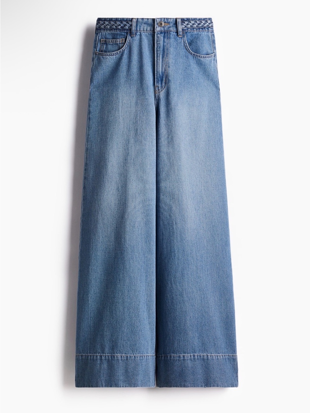 H&M Size 8 High Waist Wide Leg Braided Trim Denim Jeans - Light Blue NWOT